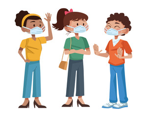 interracial young people using medical masks