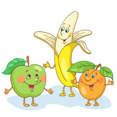 Funny fruts - apple, apricot and banana in cartoon style.  Isolated on white background. Vector illustration.