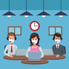 call center support workers wearing medical mask