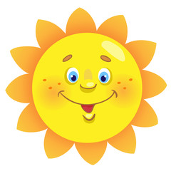 Funny smiling sun in cartoon style. Isolated on white background. Vector flat illustration.
