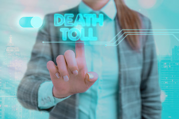 Word writing text Death Toll. Business photo showcasing the number of deaths resulting from a...