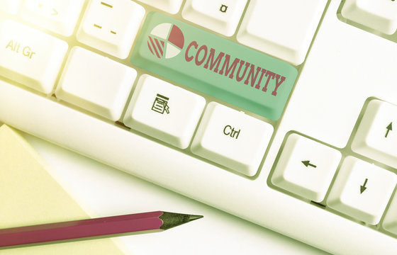 Writing note showing Community. Business concept for specific population with a common characteristics living together