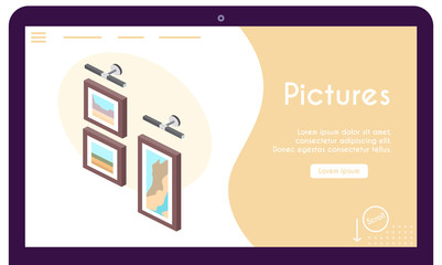 Vector banner of pictures on wall in isometric view