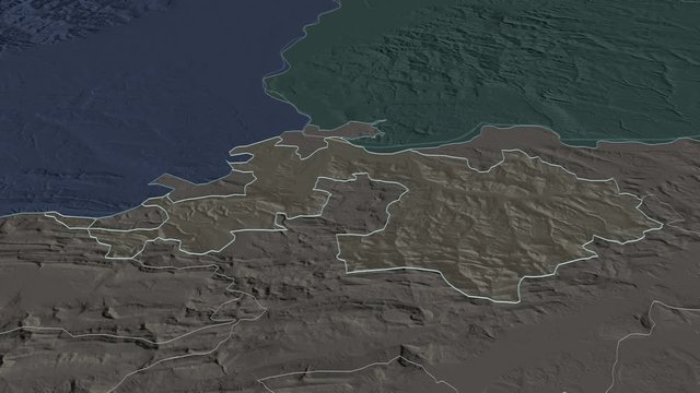 Basel-Landschaft, canton with its capital, zoomed and extruded on the administrative map of Switzerland in the conformal Stereographic projection. Animation 3D