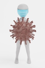 3D Render of Cartoon Character with Face Mask and Coronavirus Model