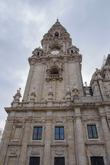 Fototapeta na wymiar Tower of the facade of the Cathedral of Santiago, in Santiago de Compostela, La Coruña, Galica, Spain, Europe.