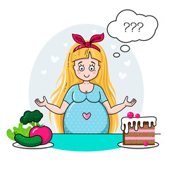 Cute Pregnant Woman thinks about healthy food. Pregnant lady decides what to eat. Waiting for baby vector illustration. Happy beautiful mother to be. Pregnancy card.