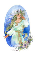 Romantic and beautiful girl in the image of spring. The goddess of spring. Slavic ethnic clothes. Watercolor illustration, handmade.