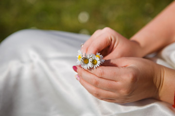 female hands holding a small bouquet of daisies.