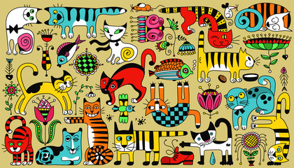 Vector multicolored bright pattern. Funny doodle cats. Each item can be used separately.