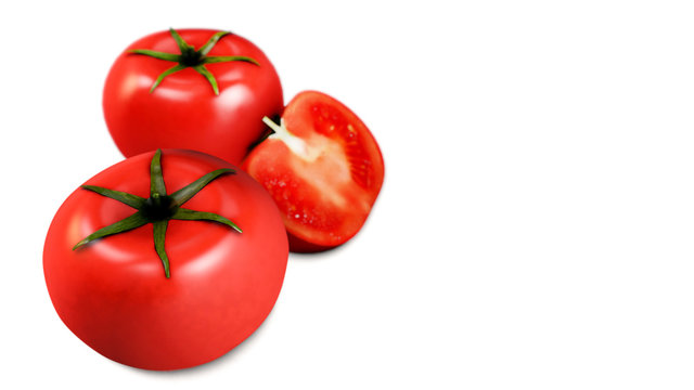 3d render group of tomatoes full and half on white background