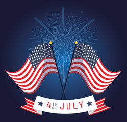 Usa flags with 4th july ribbon and fireworks vector design