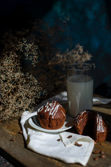 chocolate muffins on a table with a glass of milk and flowers