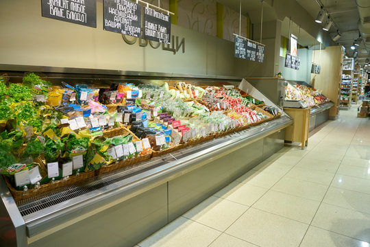 MOSCOW, RUSSIA - MAY 11, 2018: interior shot of Azbuka Vkusa supermarket. Azbuka Vkusa is a supermarket chain founded by Maxim Koscheenko and Oleg Lytkin.