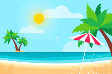 Fototapeta na wymiar Parasol under the palm tree on Seashore. Time to travel. Tropical summer holidays. Seaside landscape. Flat.