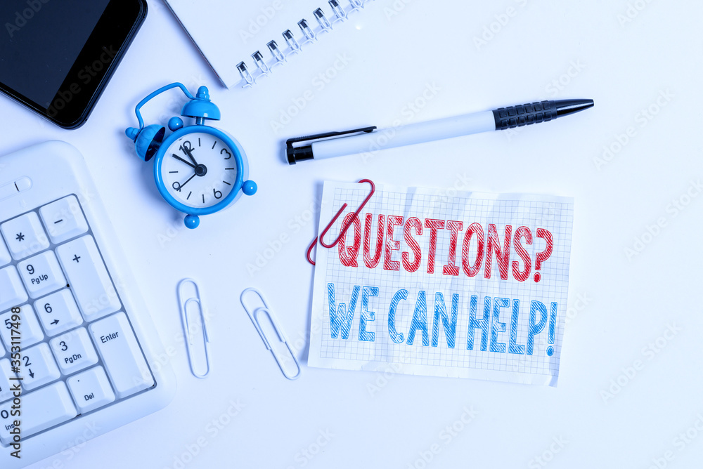 Aufkleber conceptual hand writing showing questions we can help. concept meaning offering help to those who wa