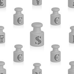 Seamless pattern with clipping mask. 3d Weights with signs of world currencies, staggered