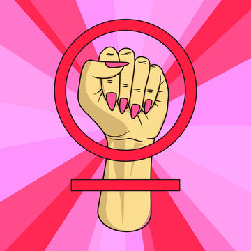 Asian female hand raised into air with fist and pink nails on finger. Protest symbol and equality for feminists. Feminism icon with arm, stick and Circle, depicting feminine logo Creative illustration
