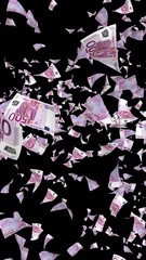 Flying euro banknotes isolated on a dark background. Money is flying in the air. 500 EURO in color. 3D illustration