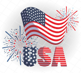 Usa text and flag with fireworks vector design