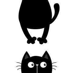 Black cat. Funny face head silhouette. Kawaii animal. Hanging fat body paw, tail. Baby card. Notebook cover. Cute cartoon character. Pet collection. Flat. White background.