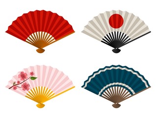 Hand fans set isolated on white background, Japanese and Chinese folding fan, Traditional Asian paper geisha fan. Vector illustration - obrazy, fototapety, plakaty