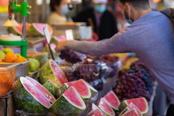 jerusalem, israel. 25-05-2020. Fruit wrapped in plastic in the Mahane Yehuda market that reopened after the Corona virus crisis