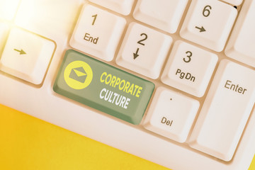 Conceptual hand writing showing Corporate Culture. Concept meaning pervasive values and attitudes...