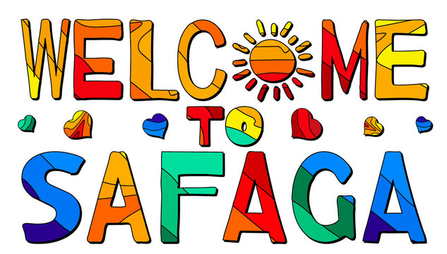 Welcome To Safaga. Multicolored bright funny cartoon colorful isolated inscription. Safaga - resort in Egypt. For poster, booklet, flyer, souvenir, print on clothing, t-shirt, bags. Stock vector image