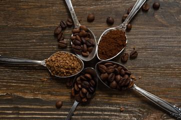 different textures of coffee in spoons on a wooden background, coffee beans, instant coffee, ground coffee