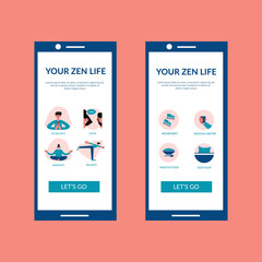 Onboarding screen designs for a mindfulness and healthy lifestyle app. Meditation vector design illustration. Mindfulness mobile application template. UI, UX, GUI design elements.