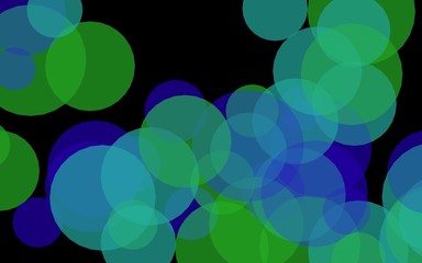 Multicolored translucent circles on a dark background. Green tones. 3D illustration