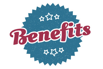 benefits sign. benefits round vintage retro label. benefits