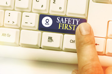Word writing text Safety First. Business photo showcasing used to say that the most important thing...