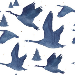 Seamless pattern with watercolor realistic silhouettes of a flock of flying geese in blue colors. © AnnaNenasheva