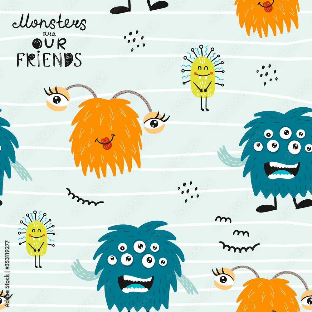 Canvas Prints childish seamless pattern with funny monsters. perfect for kids apparel, textile, nursery decoration