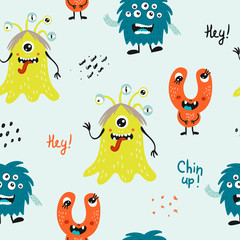 Childish seamless pattern with funny monsters.