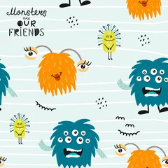Wall murals Monsters Childish seamless pattern with funny monsters. Perfect for kids apparel, textile, nursery decoration and wrapping paper