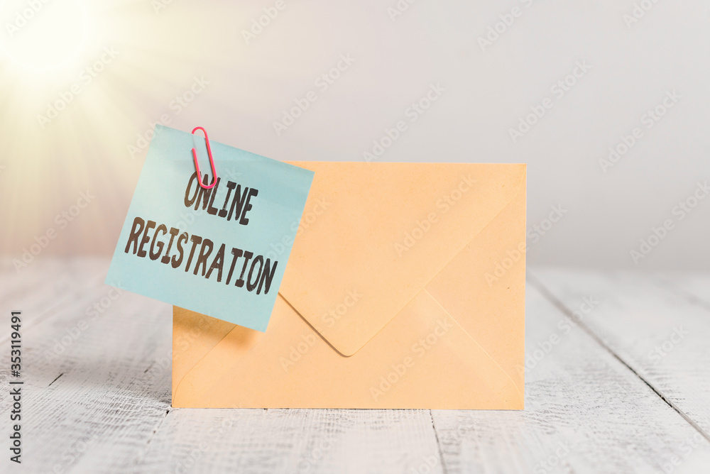 Poster text sign showing online registration. business photo text system for subscribing or registering via