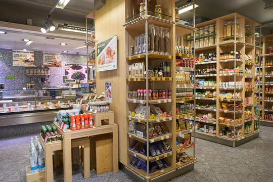 MOSCOW, RUSSIA - MAY 11, 2018: interior shot of Azbuka Vkusa supermarket. Azbuka Vkusa is a supermarket chain founded by Maxim Koscheenko and Oleg Lytkin.