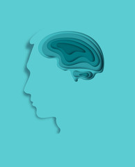 Origami layer of human head and light gear brain on blue background as business, science,intelligence idea, paper carve art and craft style concept. vector illustration.