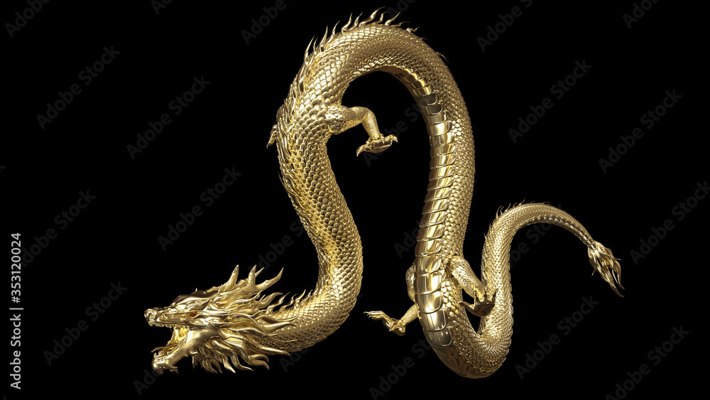 Wall mural full body gold dragon in bend body pose with 3d rendering include alpha path.
