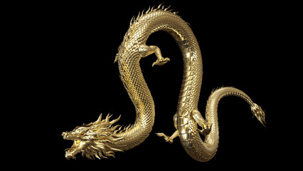 Full body gold dragon in bend body pose with 3d rendering include alpha  path.