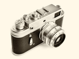 Old retro rangefinder camera isolated white