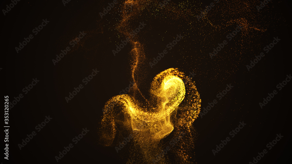 Poster glowing flow of spark dust particles shining and forming a magical shape in the sparkly dark backgro