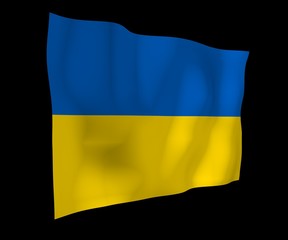 The flag of Ukraine on a dark background. National flag and state ensign. Blue and yellow bicolour. 3D illustration waving flag