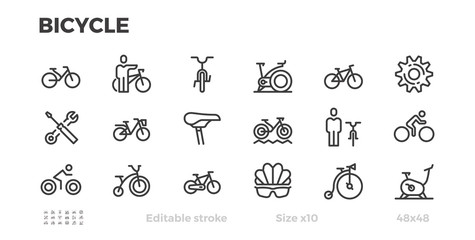 Bicycle icons. Cycling, Wheels, bike, cyclist equipment. Editable stroke.