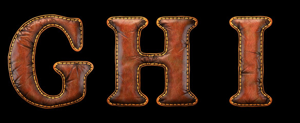 Fototapeta premium Set of leather letters G, H, I uppercase. 3D render font with skin texture isolated on black background.