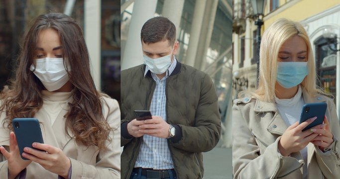 Multiscreen On People Using Smartphone In Everyday Life. C Group Of People In Masks, Collage Citizens Virus Mask On Street Wearing Face Protection In Prevention For Coronavirus Covid 19.