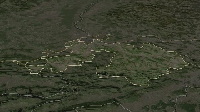 Basel-Landschaft, canton with its capital, zoomed and extruded on the satellite map of Switzerland in the conformal Stereographic projection. Animation 3D